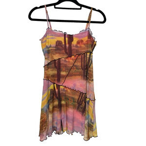 Urban Outfitters Moxie Mesh Mini Slip Dress Desert Print Women's Small Cactus